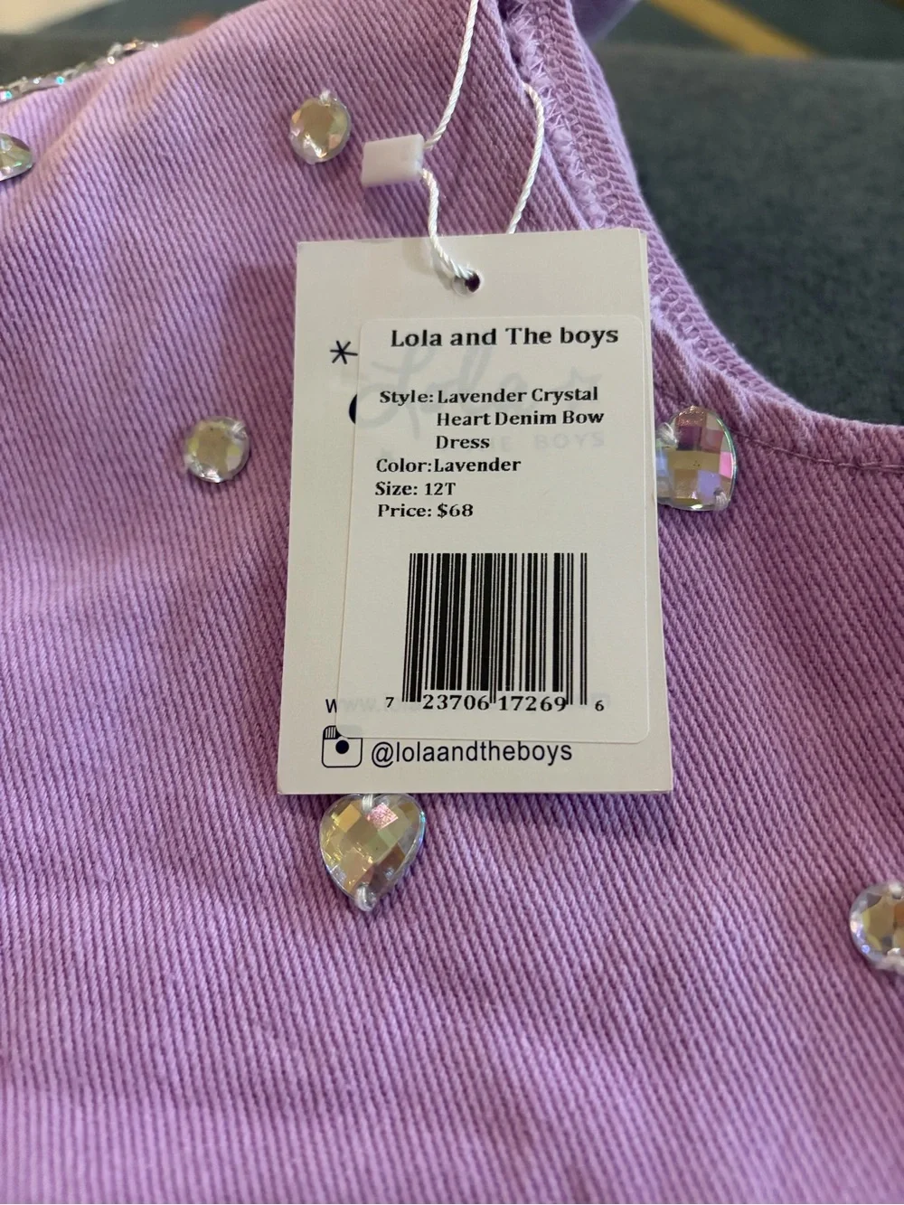 NWT Lola and the Boys Lavender Crystal Heart Denim Bow Dress